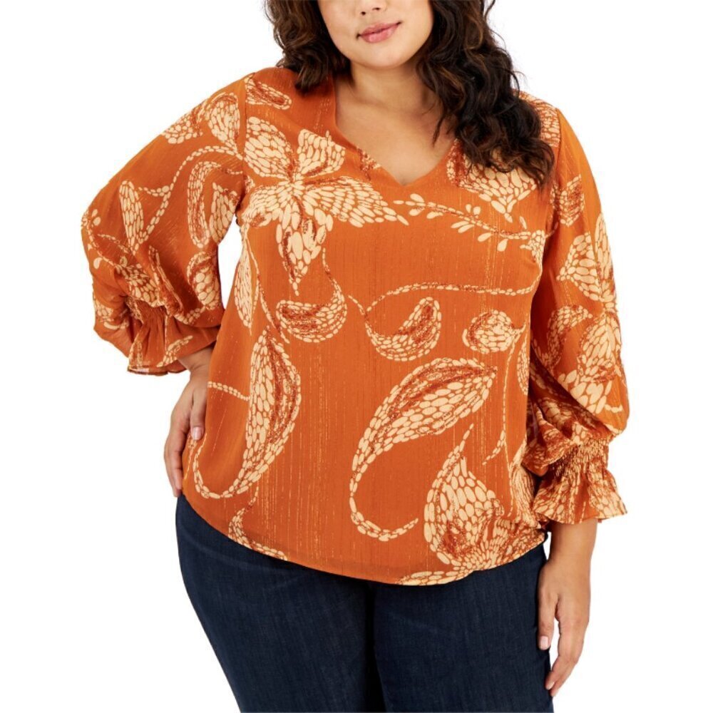 VINCE CAMUTO Plus Size Orange Blouson-Sleeve Smocked-Cuff V-Neck Blouse NWT